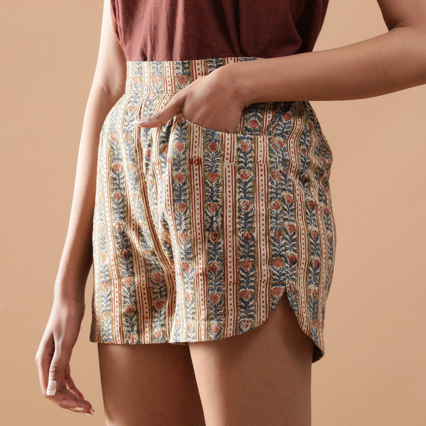 Left Detail of a Model wearing Beige Kalamkari Comfort Fit Shorts