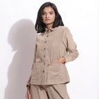 Front View of a Model wearing Beige Corduroy Button-Down Pocket Shirt