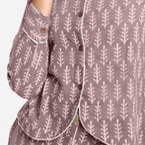 Front Detail of a Model wearing Beige Dabu Print 100% Cotton Button-Down Shirt
