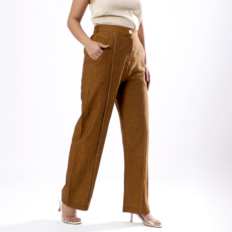 Right View of a Model wearing Handspun Oak Brown Straight Fit Cotton Pant