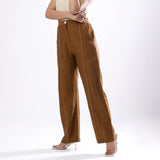Left View of a Model wearing Handspun Oak Brown Straight Fit Cotton Pant
