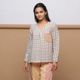 Beige Checks Yarn Dyed Cotton V-Neck Full Sleeve Tunic Top