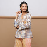 Beige Checks Yarn Dyed Cotton V-Neck Full Sleeve Tunic Top