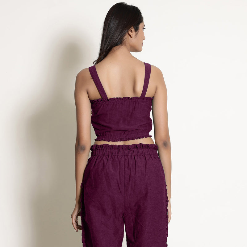 Back View of a Model wearing Warm Berry Wine Frilled Crop Bustier Top