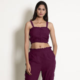 Front View of a Model wearing Warm Berry Wine Frilled Crop Bustier Top