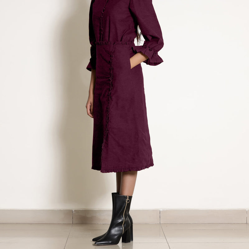 Left View of a Model wearing Warm Berry Wine A-Line Frilled Skirt