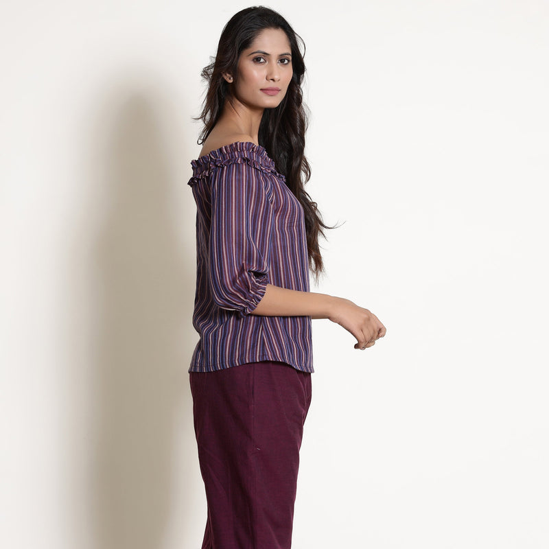 Right View of a Model wearing Berry Wine Striped Off-Shoulder Frilled Top