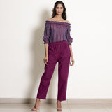 Front View of a Model wearing Berry Wine Frilled Top and Tapered Pant Set
