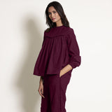 Berry Wine Warm Cotton Top and Frilled Paperbag Pant Co-ord Set