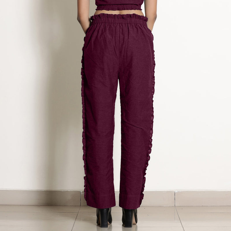 Berry Wine Warm Cotton Top and Frilled Paperbag Pant Co-ord Set