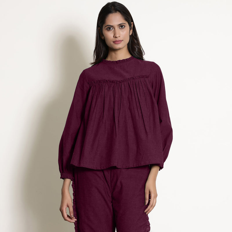 Berry Wine Warm Cotton Top and Frilled Paperbag Pant Co-ord Set