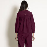 Berry Wine Warm Cotton Top and Frilled Paperbag Pant Co-ord Set