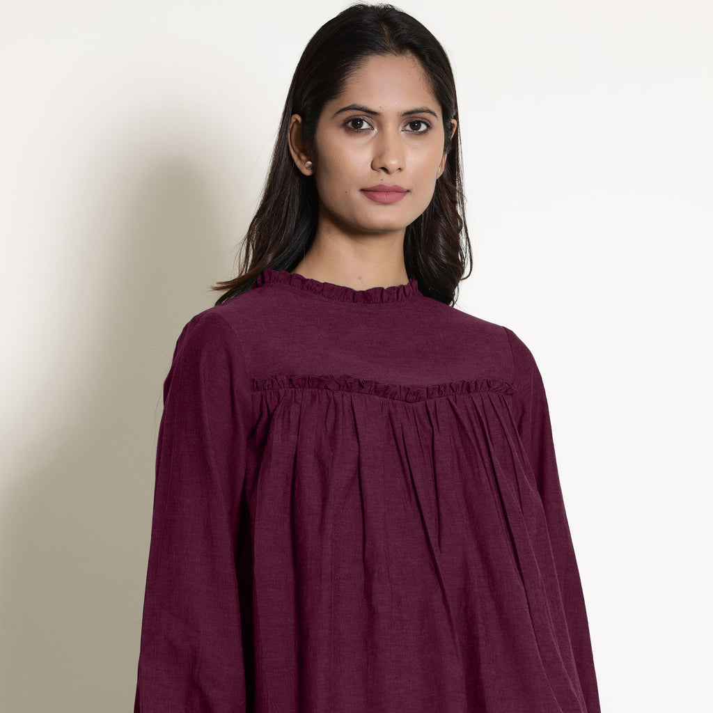 Berry Wine Warm Cotton Top and Frilled Paperbag Pant Co-ord Set