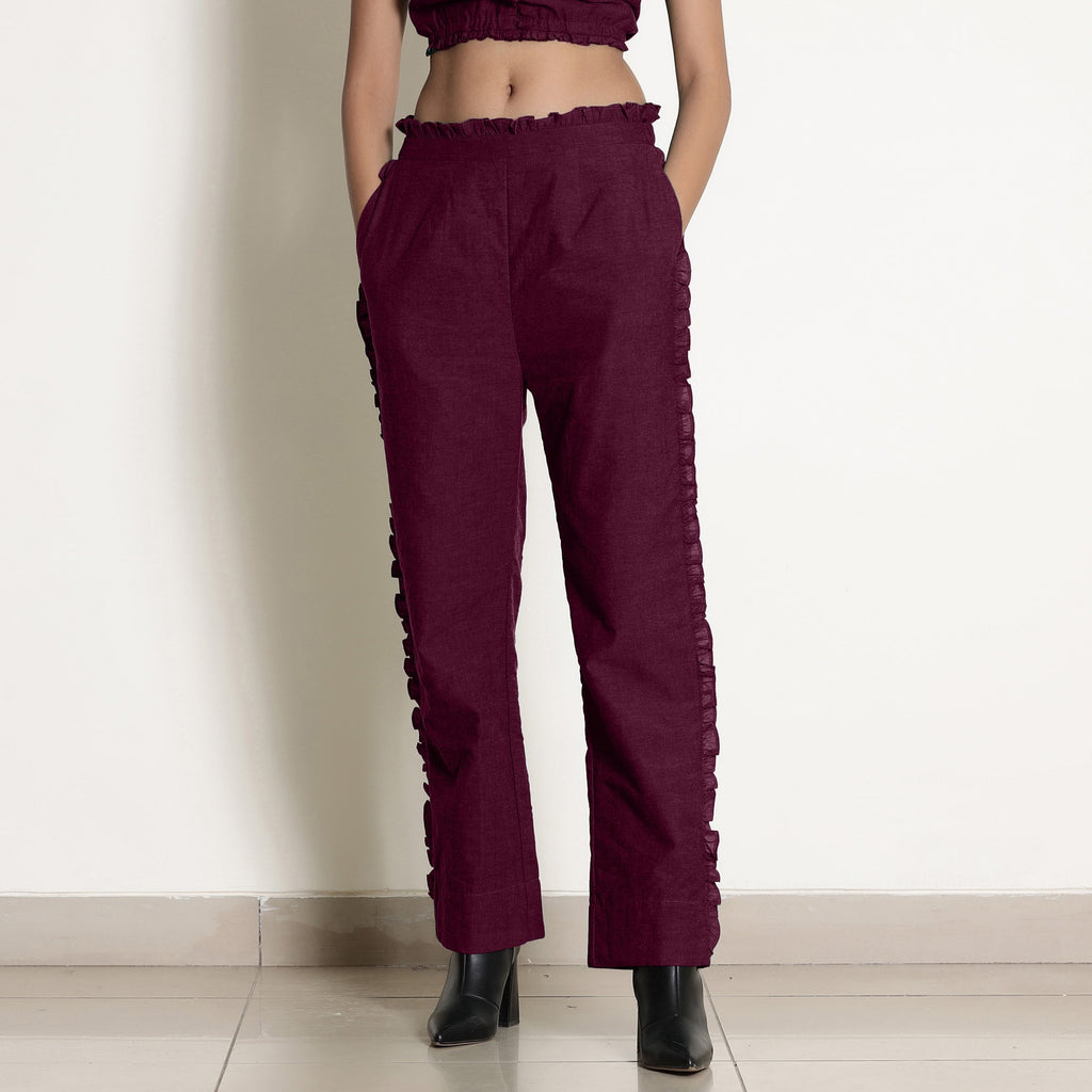 Berry Wine Warm Cotton Top and Frilled Paperbag Pant Co-ord Set