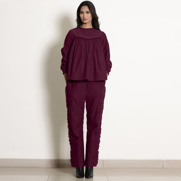 Berry Wine Warm Cotton Top and Frilled Paperbag Pant Co-ord Set