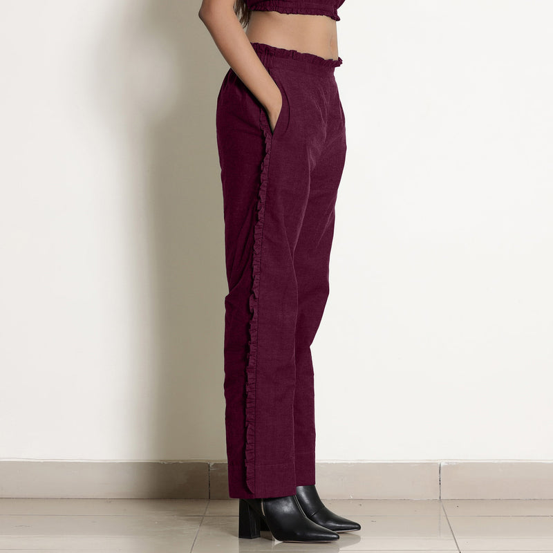 Berry Wine Warm Cotton Top and Frilled Paperbag Pant Co-ord Set