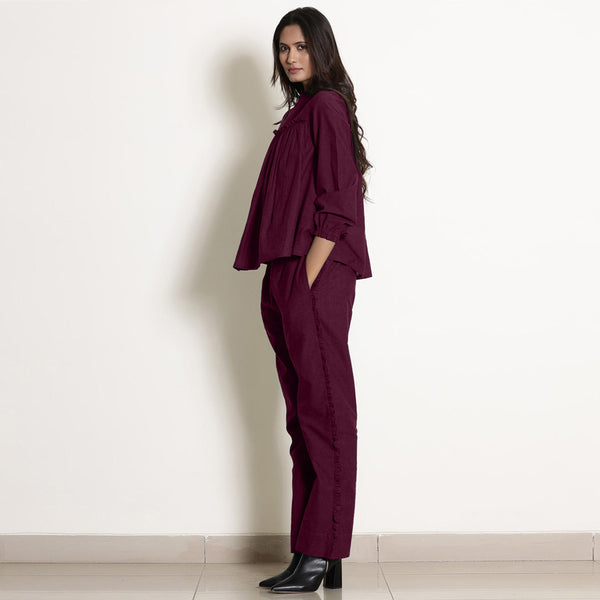 Berry Wine Warm Cotton Top and Frilled Paperbag Pant Co-ord Set