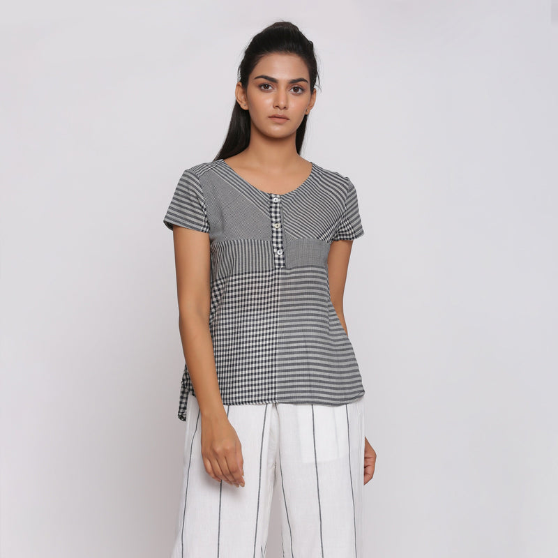 Black and White Checks Yarn Dyed Cotton Round Neck High-Low Top