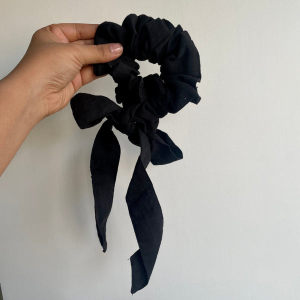 Black Cotton Flax Long Tail Scrunchie