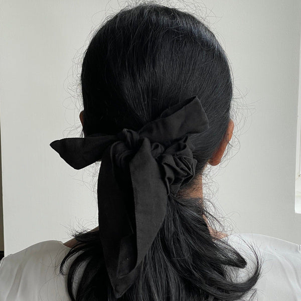 Black Cotton Flax Long Tail Scrunchie