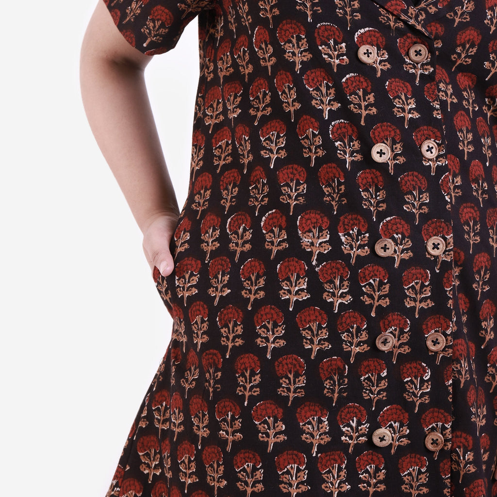 Close Detail of a Model wearing Black Double-Breasted A-Line Shirt Dress