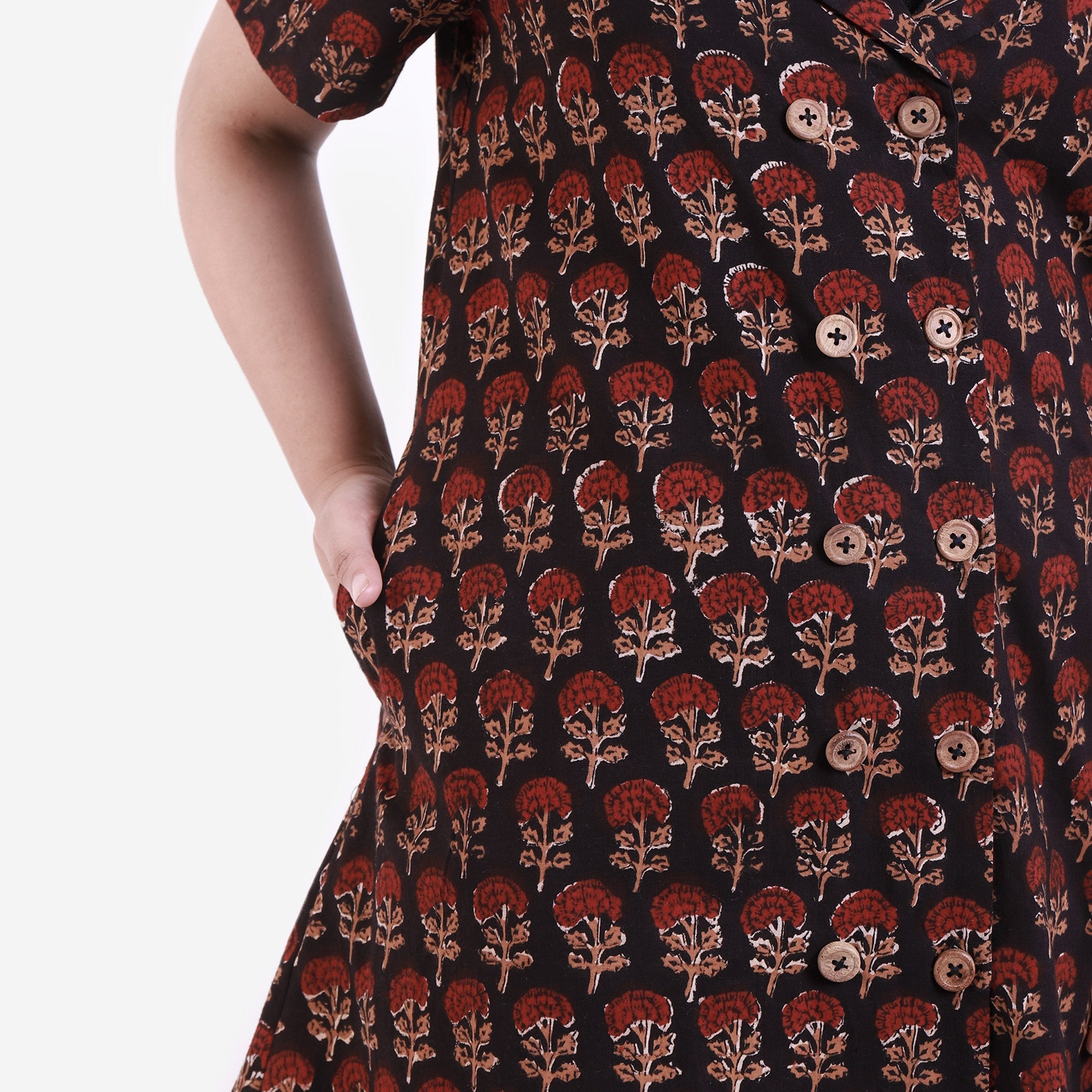 Close Detail of a Model wearing Black Double-Breasted A-Line Shirt Dress