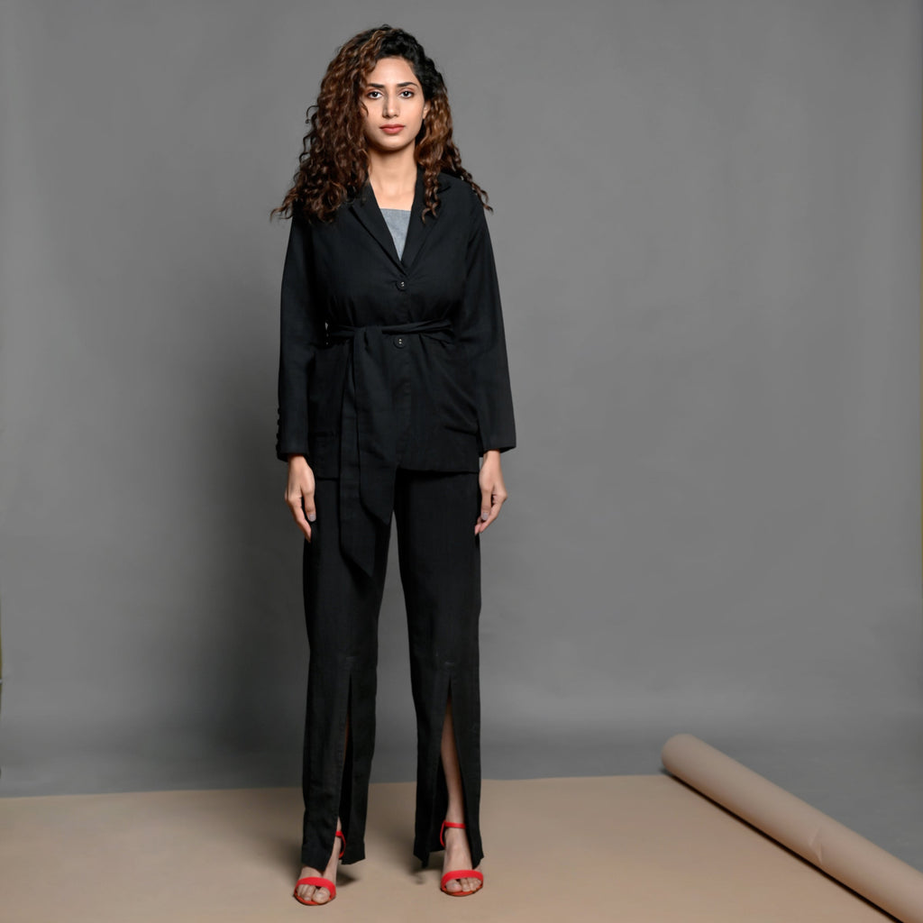 Front View of a Model wearing Black Handspun Cotton Pant Suit set