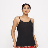 Front View of a Model wearing Black Cotton Flax Spaghetti Strap Top