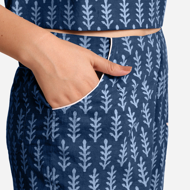 Front Detail of a Model wearing Indigo Dabu Block Print Grey Mid-Rise Culottes