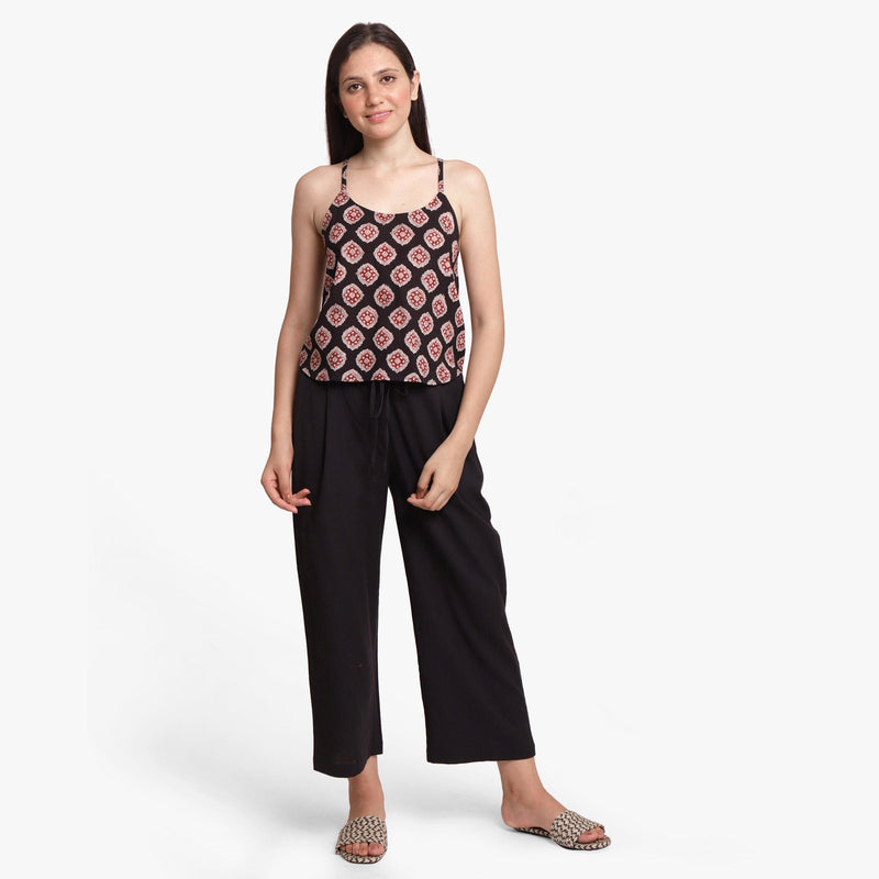 Front View of a Model wearing Block Printed A-Line Top and Black Pant Set