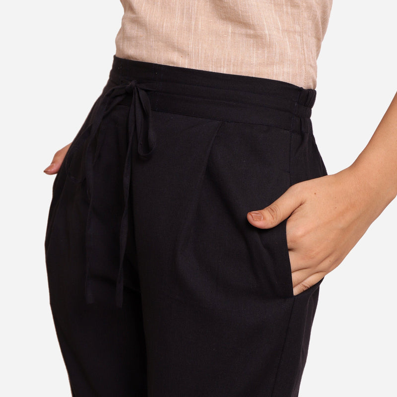 Front Detail of a Model wearing Black Cotton Flax Wide Legged Pant