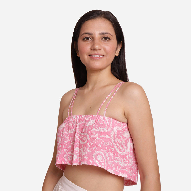 Front View of a Model Wearing Block Printed Camisole Paisley Crop Top