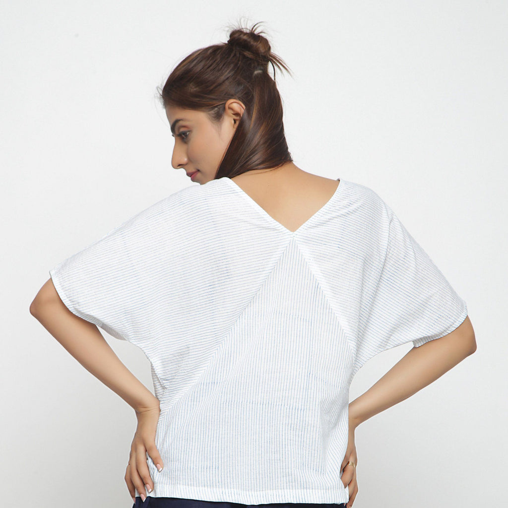 Back View of a Model wearing Block Printed Cotton Striped Paneled Top