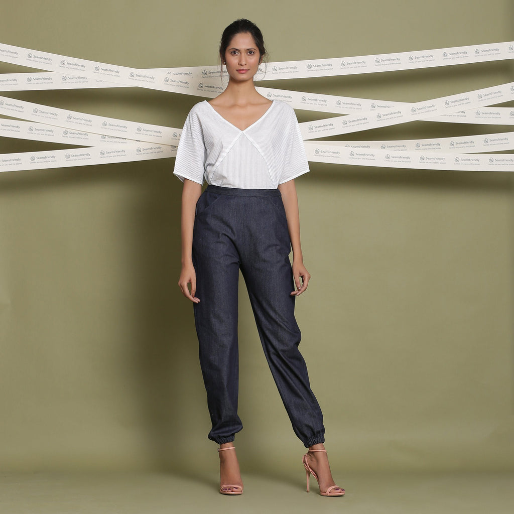Front View of a Model wearing Block Printed Cotton Striped Paneled Top