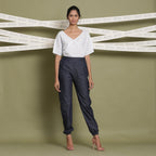 Front View of a Model wearing Block Printed Cotton Striped Paneled Top