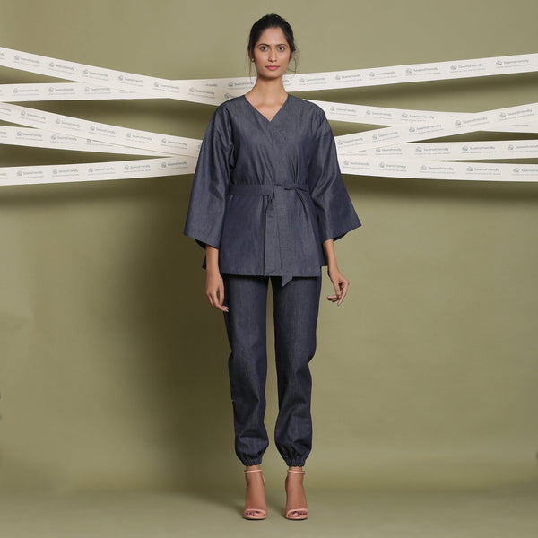 Front View of a Model wearing Block Printed Cotton and Indigo 3-Piece Set
