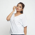Front View of a Model wearing Block Printed Cotton Striped Paneled Top