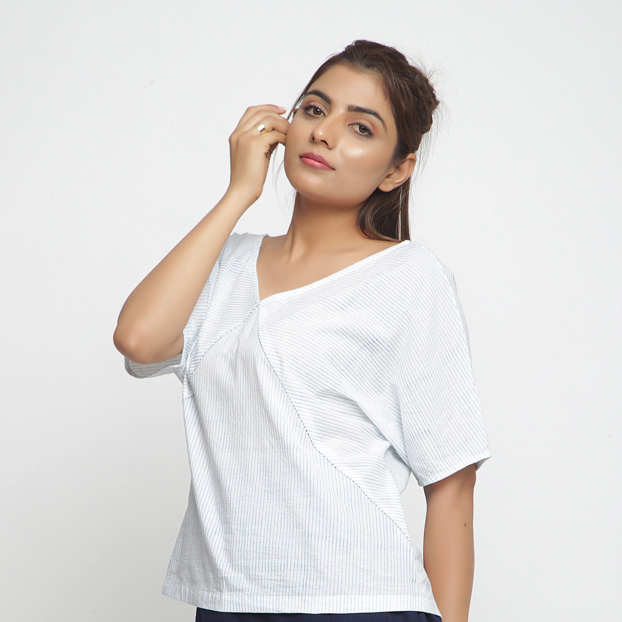 Front View of a Model wearing Block Printed Cotton Striped Paneled Top
