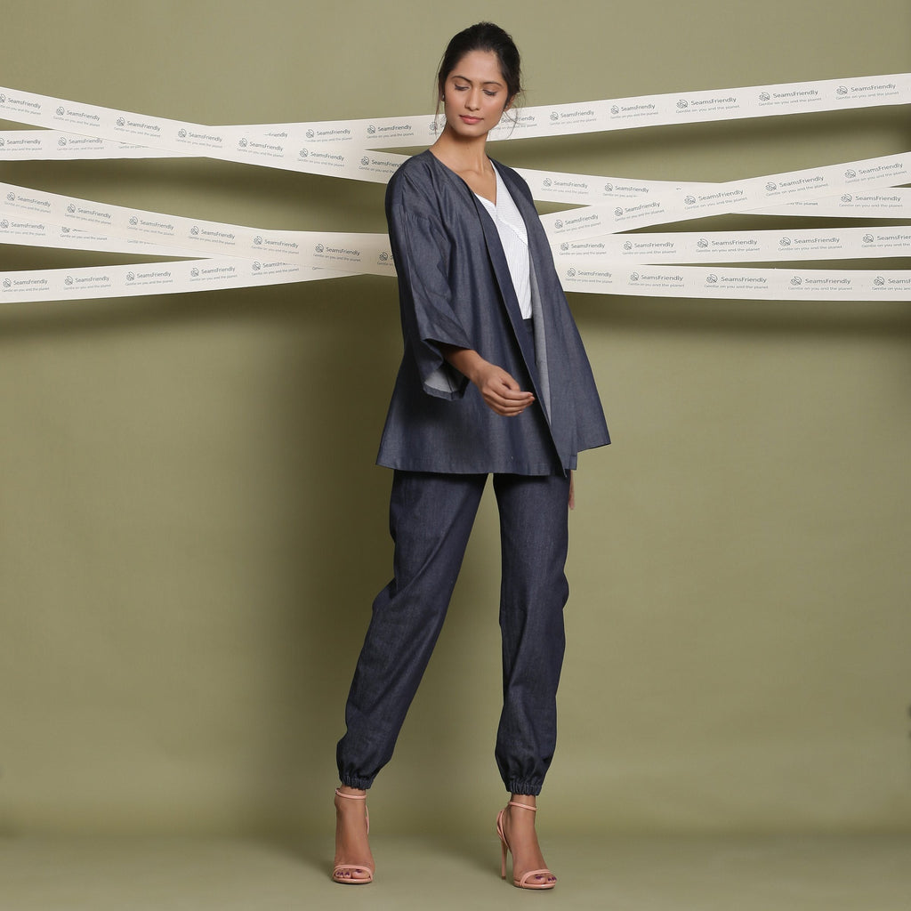 Right View of a Model wearing Block Printed Cotton and Indigo 3-Piece Set