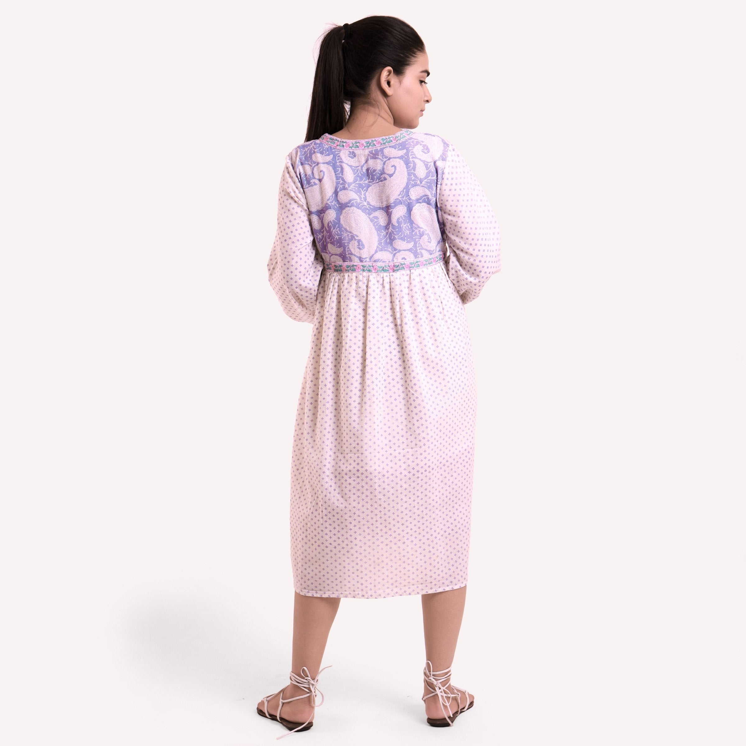 Back View of a Model wearing Block Printed Cotton Flared Dress