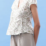 Front Detail of a Model wearing Floral Hand Block Printed Wrap Top