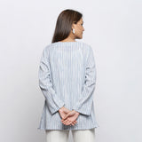 Back View of a Model wearing Blue and White Striped V-Neck Shrug