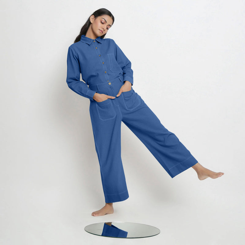 Front View of a Model wearing Blue Button-Down Top and Powder Blue Pant Set