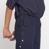 Right Detail of a Model wearing Blue Cotton Flax Top and Culottes Co-ord Set