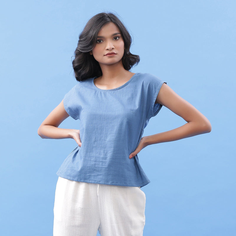 Front View of a Model wearing Blue Vegetable Dyed Handspun Essential Top