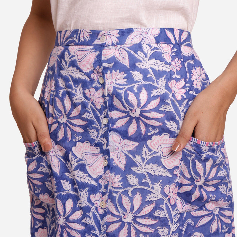 Front Detail of a Model wearing Blue Button-Down A-Line Floral Skirt