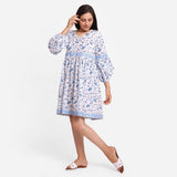 Front View of a Model wearing Blue Floral Fit and Flare Cotton Dress