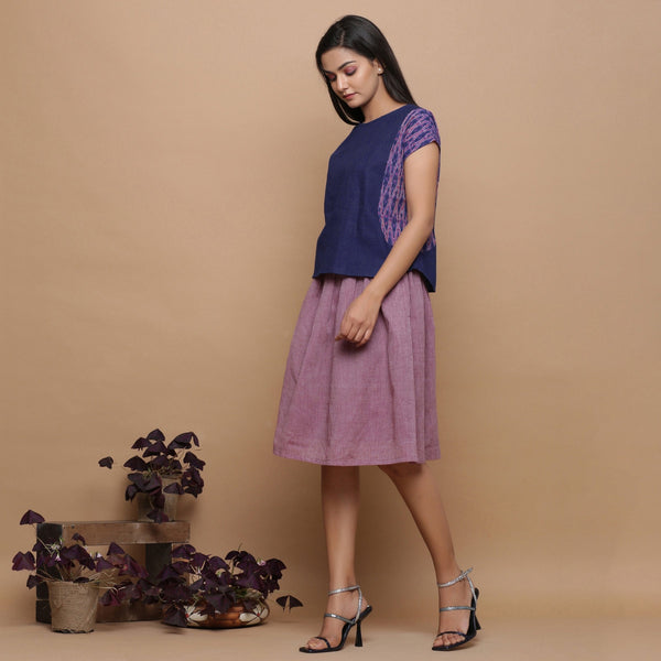 Left View of a Model wearing Blue Ikat Paneled Handspun Straight Top