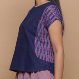 Left Detail of a Model wearing Blue Ikat Paneled Handspun Straight Top