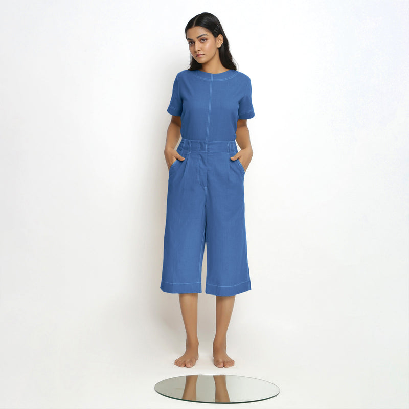 Blue Paneled Cotton Top and Handspun Cotton Culottes Co-ord Set